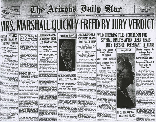 Cover of Arizona Daily Star, "Mrs. Marshall Quickly Freed by Jury Verdict"