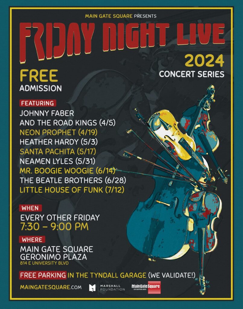Friday Night Live Concert Poster with Neon Prophet playing on 4/19 at 7:30pm.
