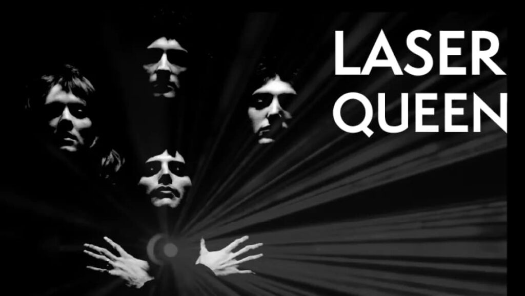 Shadowed faces of band members with text "Laser Queen"