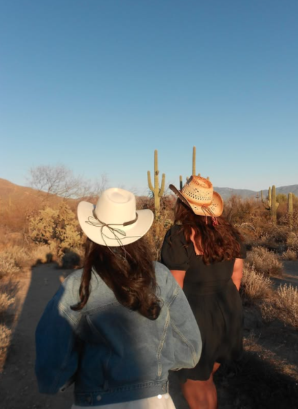 Two people wearing cowboy hats in the desert