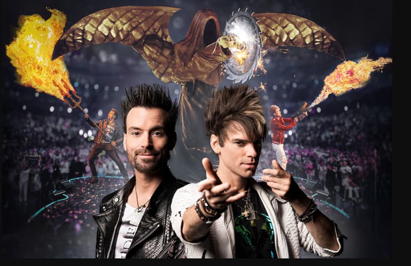 Magicians with flame throwers and winged death above