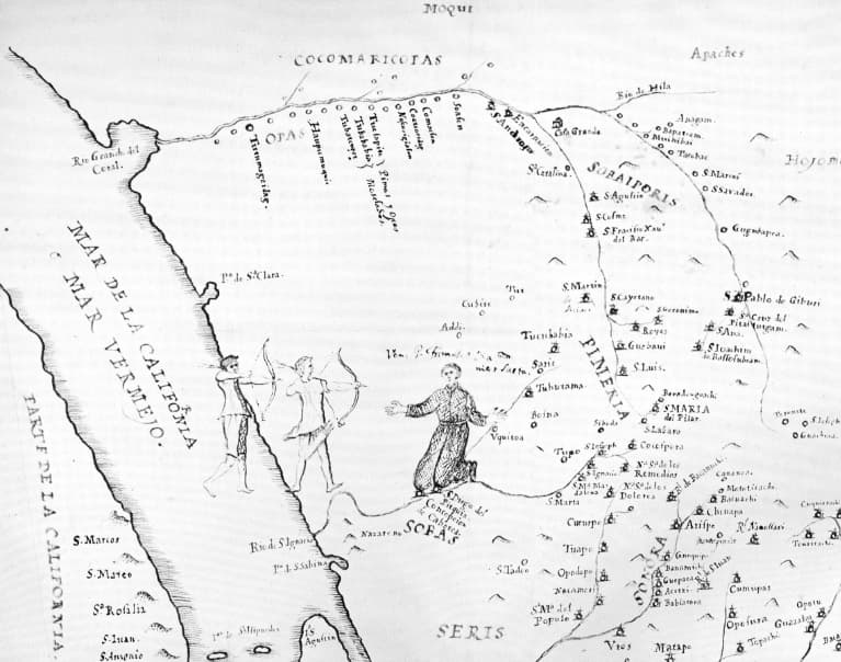 Fr. Eusebio Francisco Kino’s 1696-97 map, drawn to illustrate the biography of the martyred Jesuit Fr. Francisco Saeta.