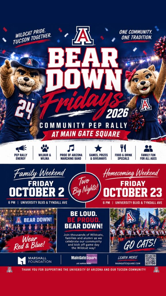 Bear Down Fridays 2026 flyer, Friday October 2 and Friday October 23 at Main Gate Square